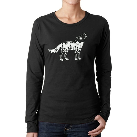 Women's Word Art Long Sleeve T-Shirt - Howling Wolf