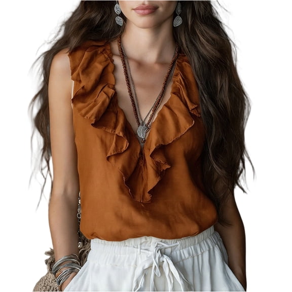 UDAUDU Womens Crop Tank Tops Sleeveless Ruffle Hem V Neck Shirts Casual Going Out Beach Vacation Blouses Light Brown S