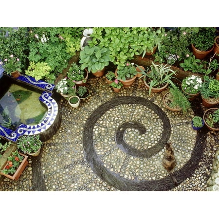 Pebble Mosaic Patio Designs Pebble Patio with Swirl Design Small Mosaic Raised Pond, Plants in Pots, Brighton Print Wall Art By Jacqui Hurst ()