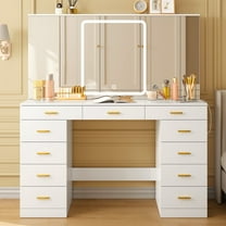 Tomnk woo 47.2" Vanity Desk with Mirror, 11 Drawers, LED Lights, Charging Station, Adjustable Brightness