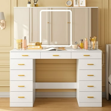 Tomnk woo 47.2" Vanity Desk with Mirror, 11 Drawers, LED Lights, Charging Station, Adjustable Brightness