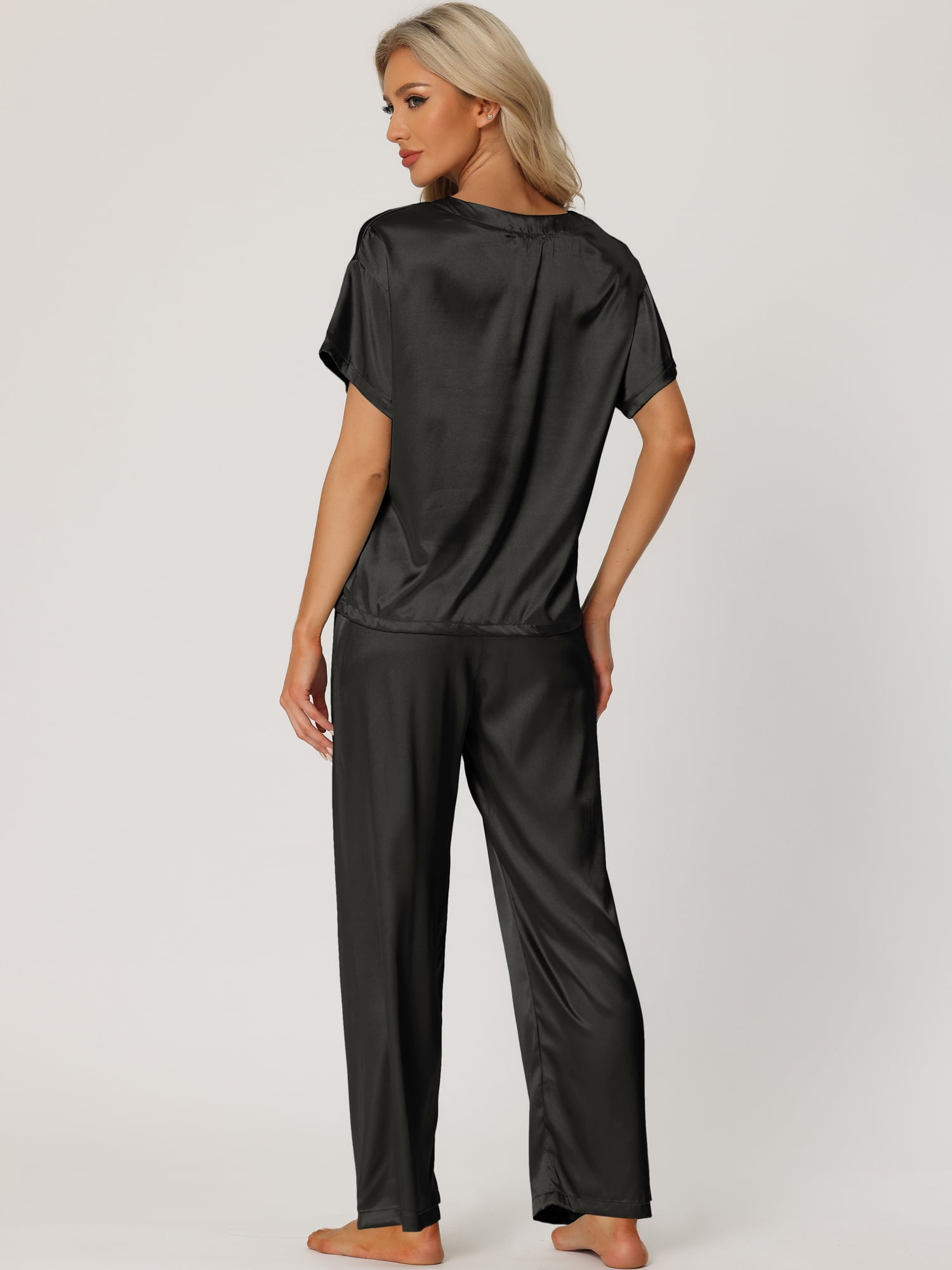 DARING DIVA Women's Satin Pajamas Sleepwear Summer Outfits Short Sleeves Tops S Black