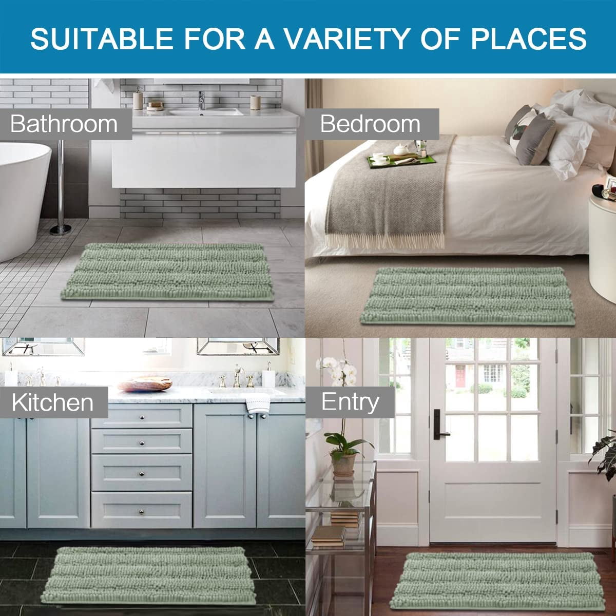 Sage Bathroom Rugs, Bath Mat Set of 2 Extra Thick Chenille Striped Pattern Shaggy Bath Rugs for Bathroom, Non Skid Bath Mats for Bathroom Floor (32 x 20 Plus 24 x 17 - Inches)
