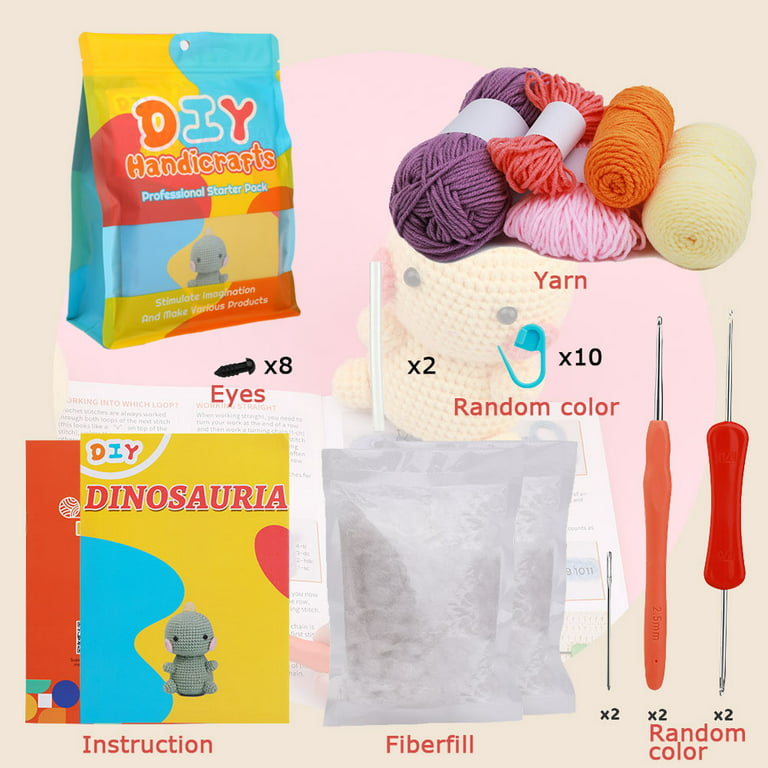 UzecPk 2 Set Beginners Crochet Kit, Cute Dinosaur Crochet Kit for Beginers  and Experts, All in One Crochet Knitting Kit with Step-by-Step Instructions  Video(Purple and Yellow) 