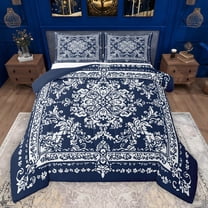 Manfei bohemian Flowers Queen Comforter Set,Victorian Baroque Damask Bedding Sets,Blue White Bedding Comforter Set For Girls Kids,Luxury Bedroom Decor Reversible,3pcs