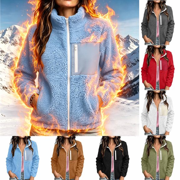 Smsaxvxz Women's Lamb Wool Warm Jacket Fashion Solid Long Sleeve Full Zip Coats Fall Winter Tops with Pockets Light Blue M