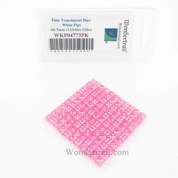 Pink Transparent D6 Dice with White Pips 5mm (13/64in) Pack of 120 Wondertrail