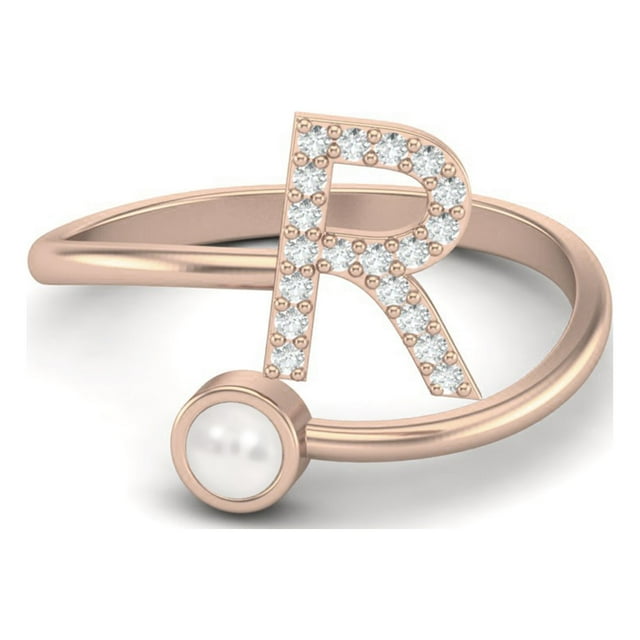 Capital R Initial Letter Pearl 925 Sterling Silver Rose Vermeil Women Ring Adjustable Front Open Ring Jewelry