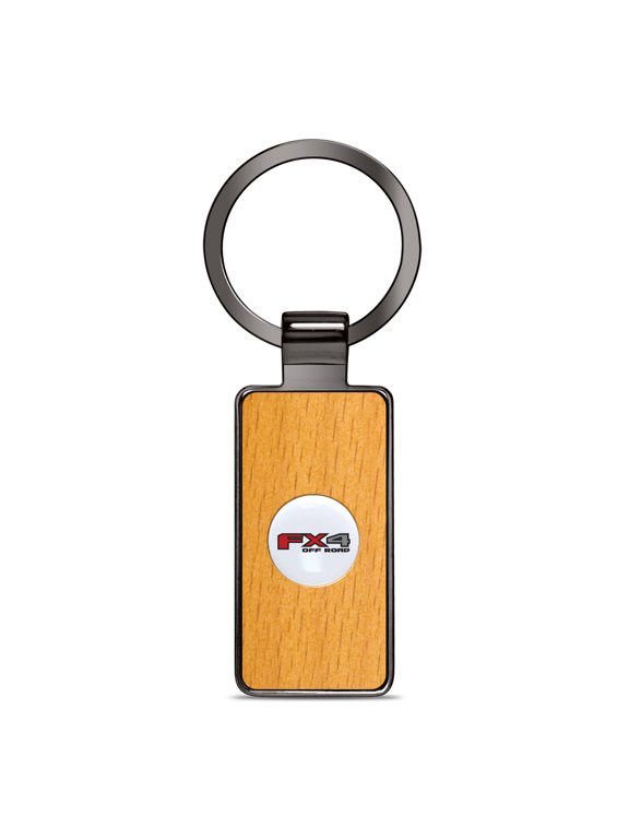 for Ford F-150 FX4 Off Road Roundel Logo in White on Maple Wood Gray Gunmetal Metal Case Key Chain, Official Licensed