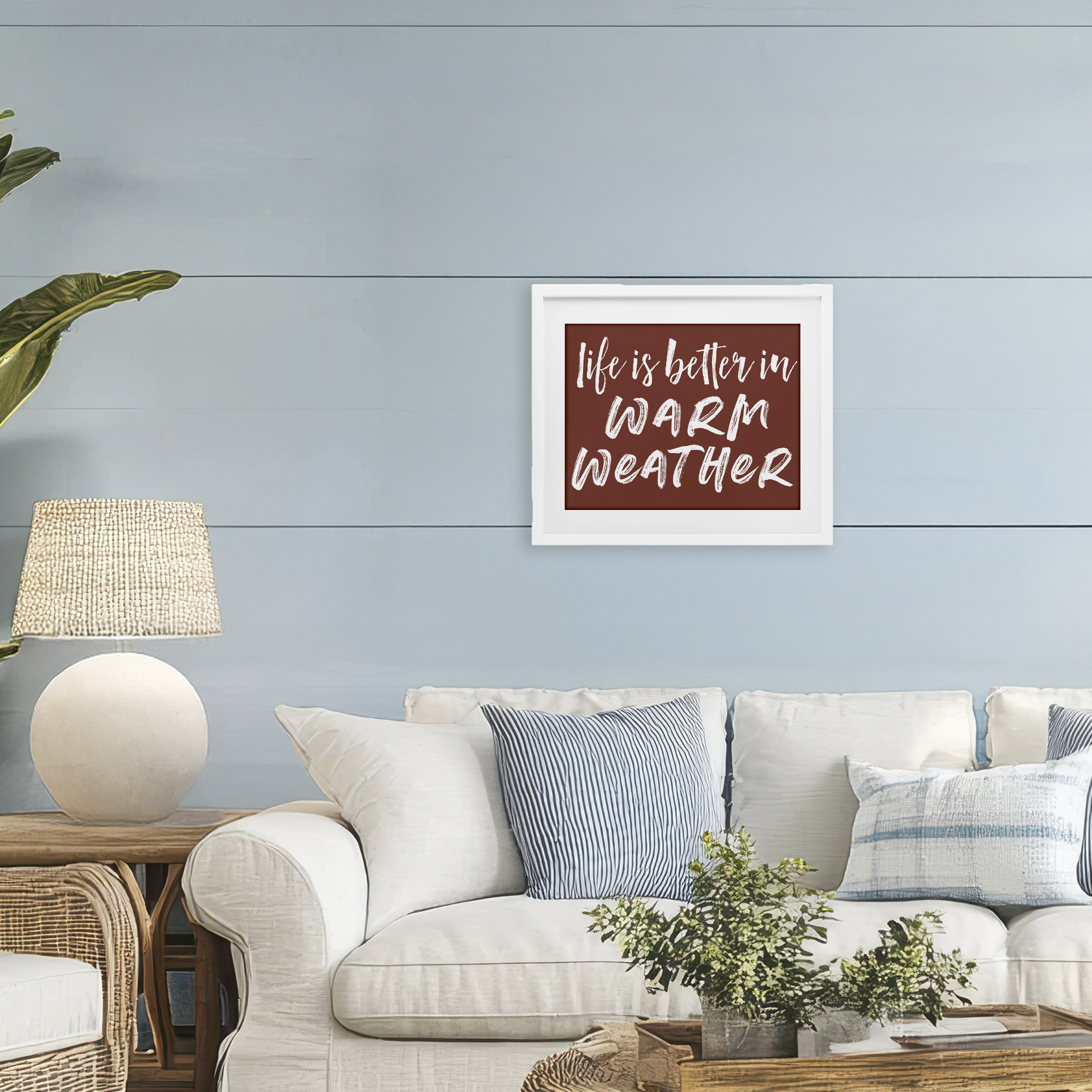 Life Is Better In Warm Weather White Framed Print Under Glass, design by Lettered and Lined