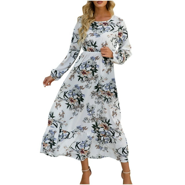 Cameland Robe d'Automne pour Femmes Décontractée Ample Imprimé Floral Manches Longues Col Rond Fluide Midi