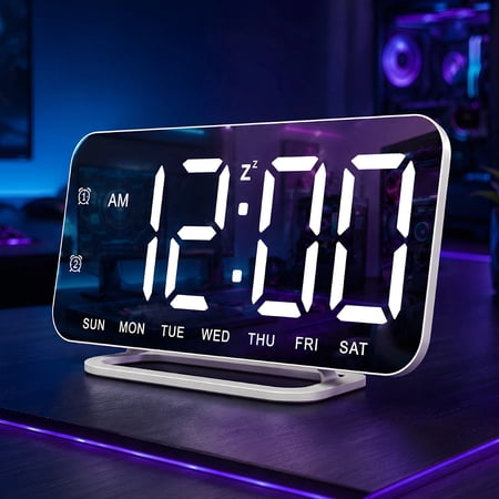 Slim LED Digital Alarm Clock, Mirror Surface for Makeup, with Diming, Large Display, Easy Setting