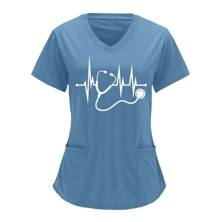 

CYMMPU Short Sleeve Scrub_Tops with Pockets Clearance Women s Nurse Valentine s Day Uniform Workwear V-Neck Working Uniform Fashion Trendy Shirts Love Heart Graphic Summer Tunic Blue XXXL