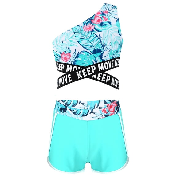 iEFiEL Girls 2Pcs Swimsuit Single Shoulder Criss Cross Waistline Swim Tops with Wide Waistband Shorts Bathing Suit Leaf 10