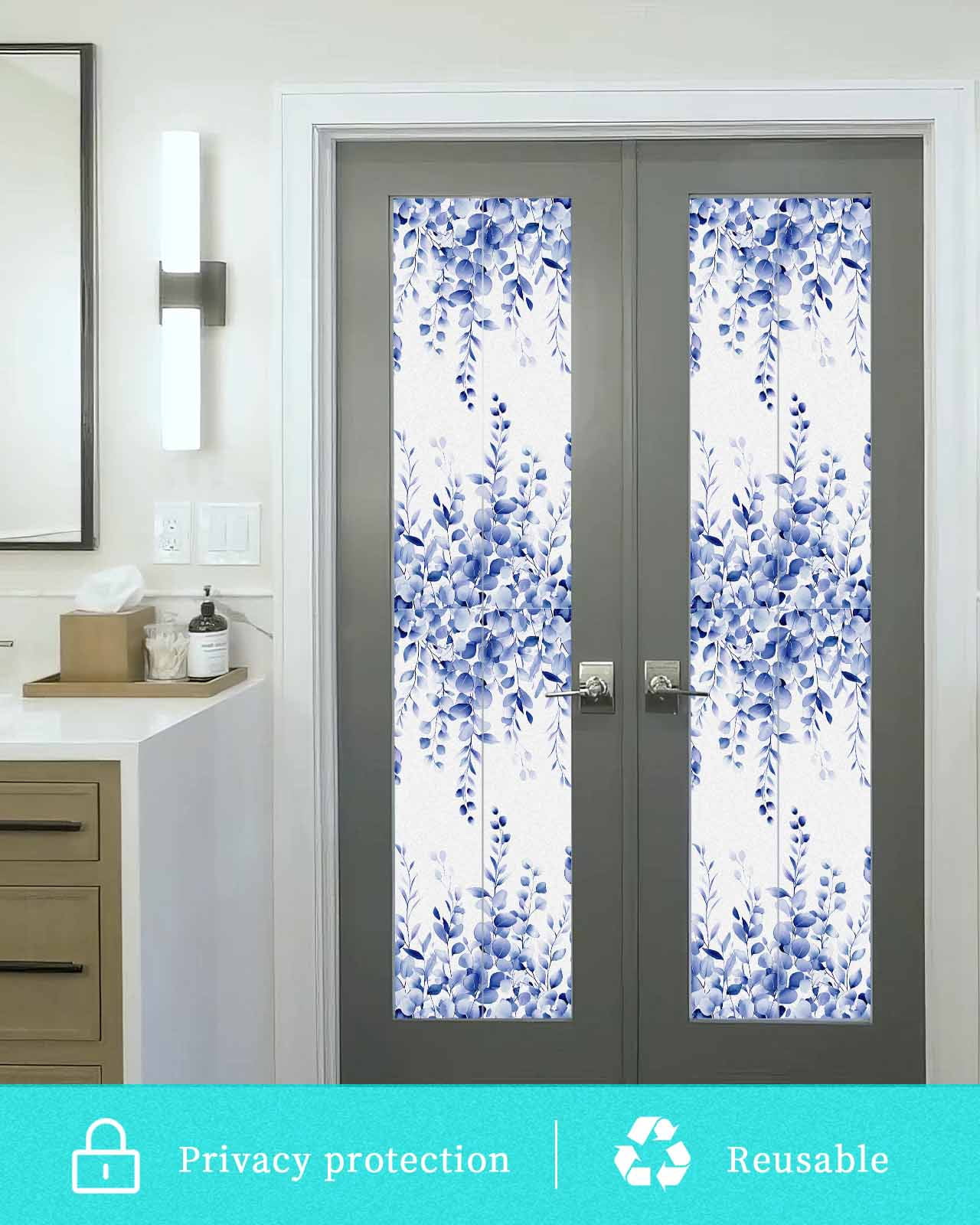Window Privacy Film Eucalyptus Leaves Blue Stained Glass Window Film Decorative Sun Block Window Cover Watercolor Spring Botanical Window Clings Static Adhesive Sticker for Bathroom 17.7"x78.7"