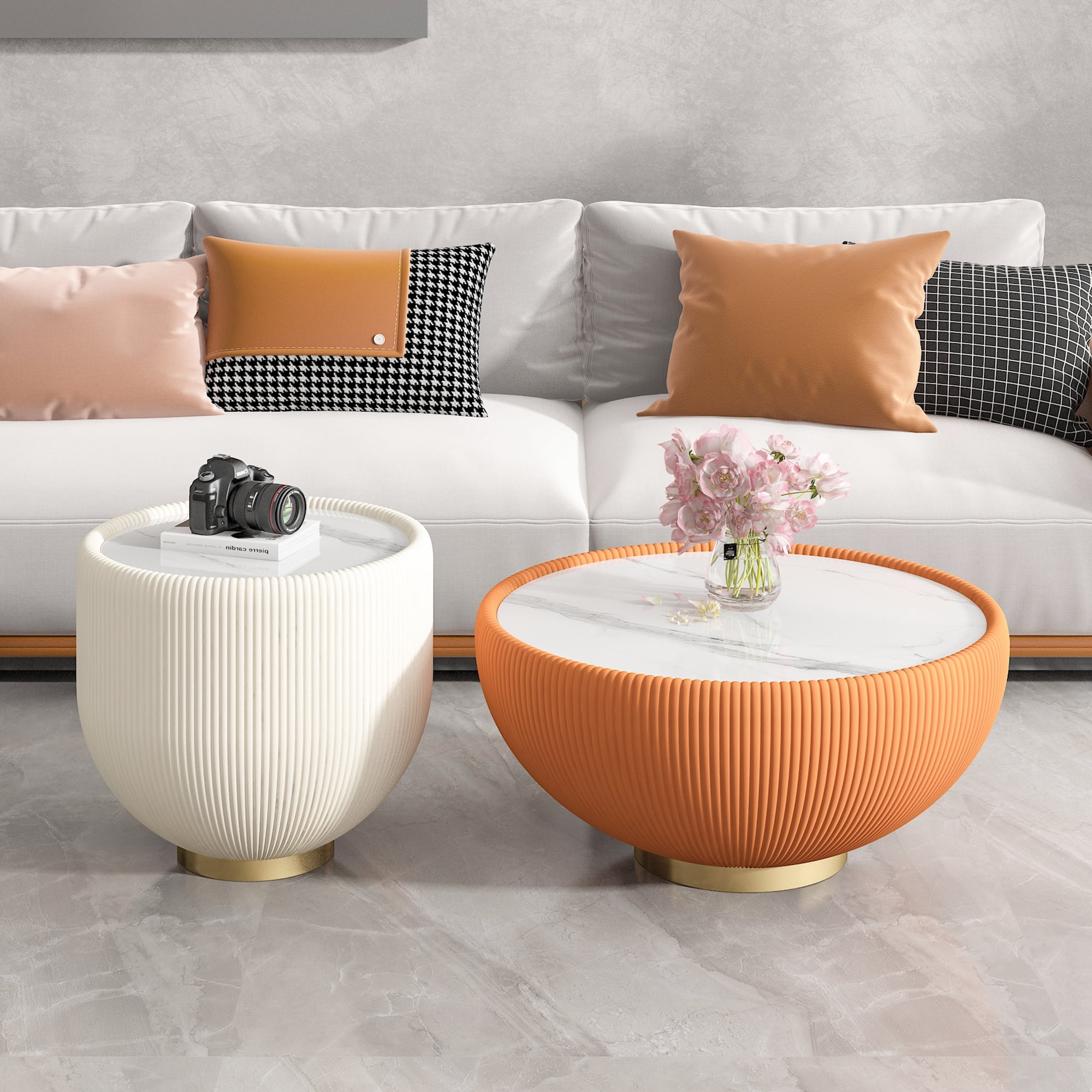 Leumius Modern Round Sintered Stone Pattern Tabletop Leather Edge Sofa End Table with Metal Base,Luxurious Side Table for Home Decor Living Room Beige