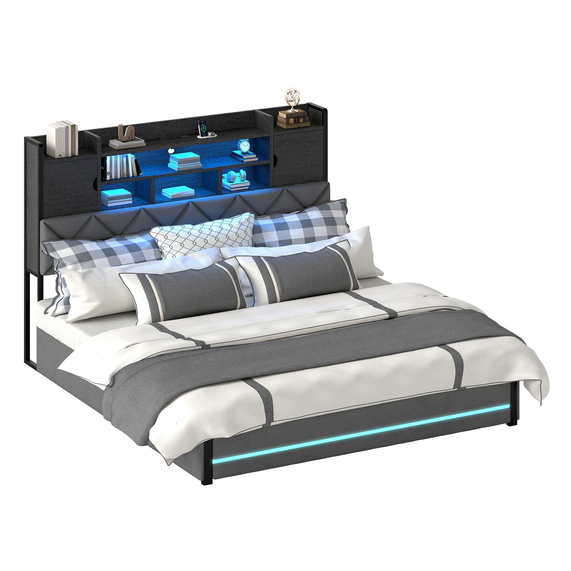 Uforic Queen Size Velvet Upholstered Platform Bed Frame with RGB Ambient LED Light, Built-In Charging Station, 4 Underbed Drawers, No Box Spring Required, Gray