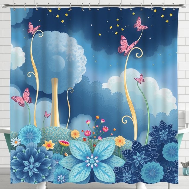 Rideau de Douche Conte de Fées - Ciel, Fleurs et Papillons