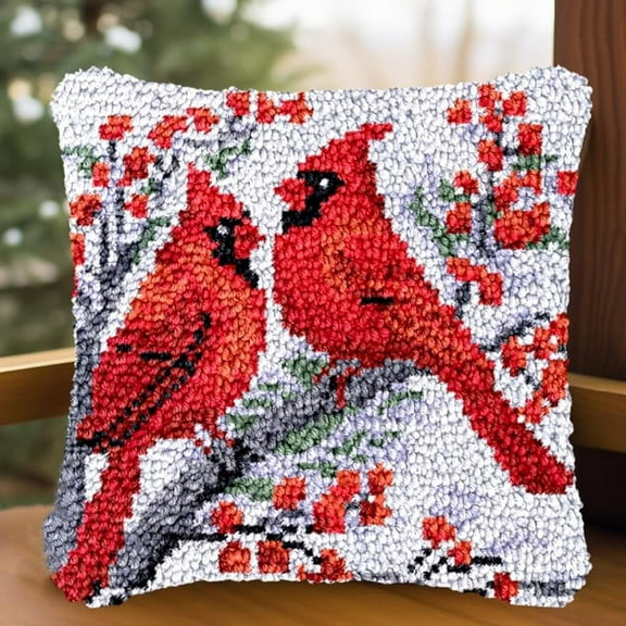 Christmas Red Bird Cardinal Latch Hook Pillow Kit for Adults Needle Craft Easy Handmade Cushion for Home Sofa Decoration 43x43cm