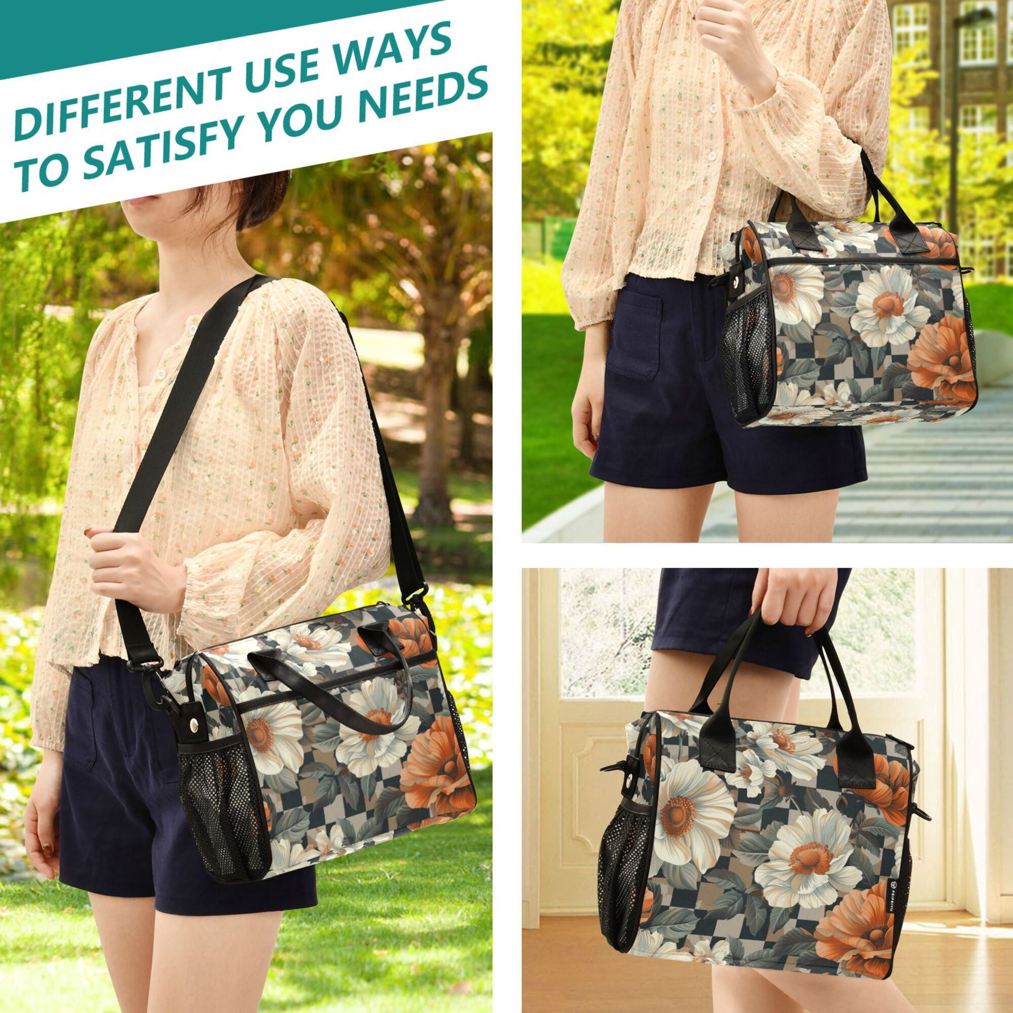 FORMRS Insulated Lunch Bag for Work School Unisex Large Capacity Cooler with Shoulder Strap, Gray Floral Pattern