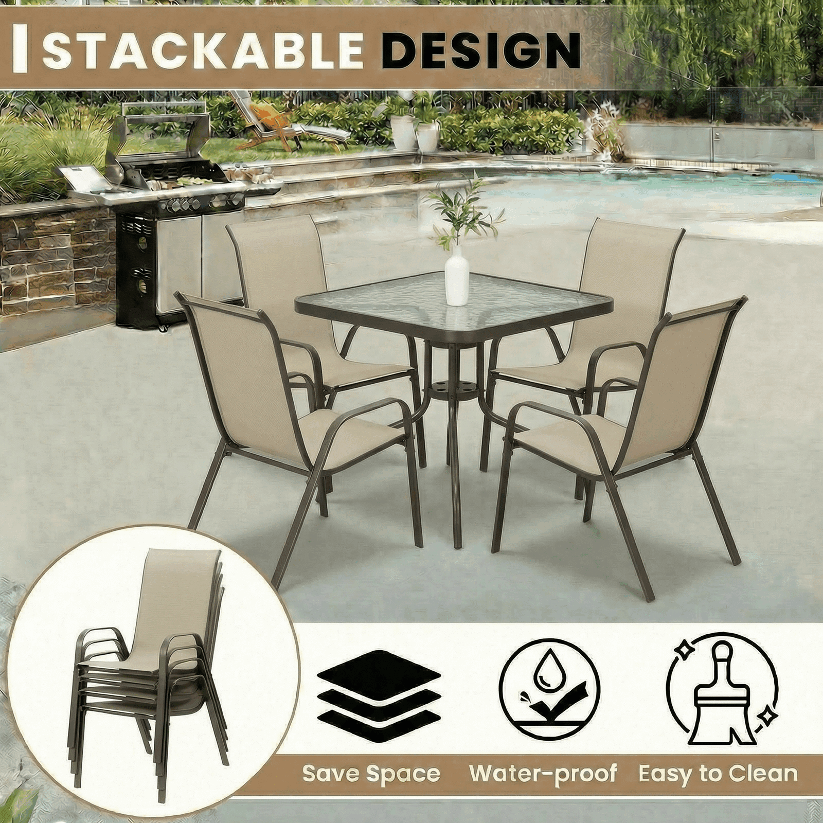 Pirecart Patio Dining Table and Chairs Set, Outdoor Dining Table with 4 Stackable Textilene Chairs for Patio, Lawn, Garden (Umbrella Not Included)