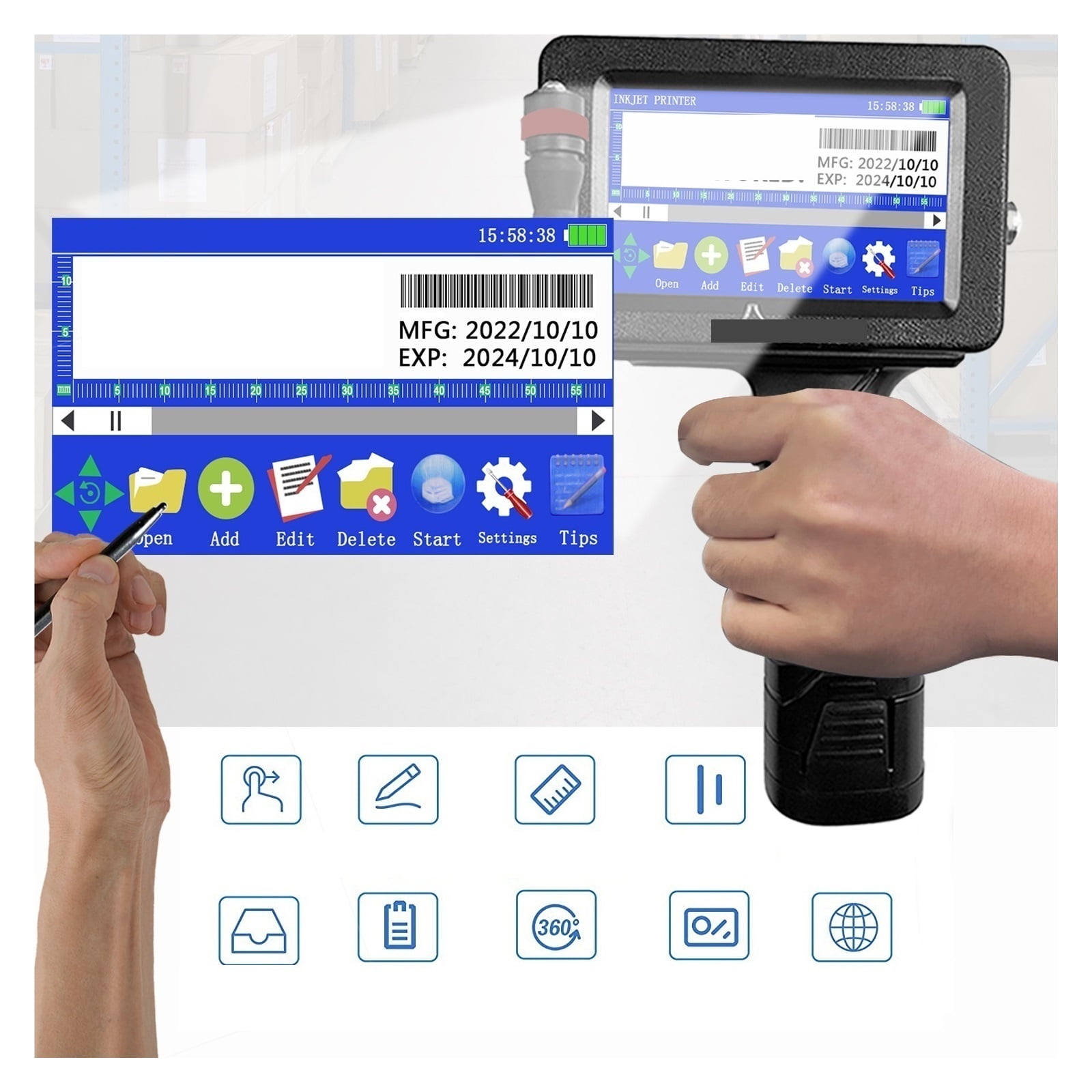 12.7/25.4mm Portable Printer ,Handheld Inkjet Printer,QR Bar Batch Code Date Number Logo Expiry Date ,24 Languages ,Versatile Surface Compatibility