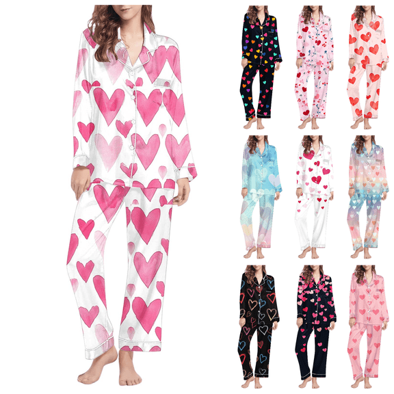 Lovzfmll Pajama Set for Women, Valentine's Day Print Long Sleeve Set, Collared Casual Top and Pants, Comfortable Home Sleepwear Pink-A, S