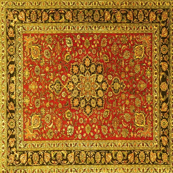 Ahgly Company Machine Washable Indoor Square Medallion Yellow Traditional Area Rugs, 7' Square