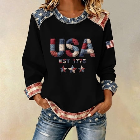 Kelon Blouses for Women Long Sleeve Cowl Neck 250th Anniversary Freedom Print T Shirt Business Causal Dressy Work Top L