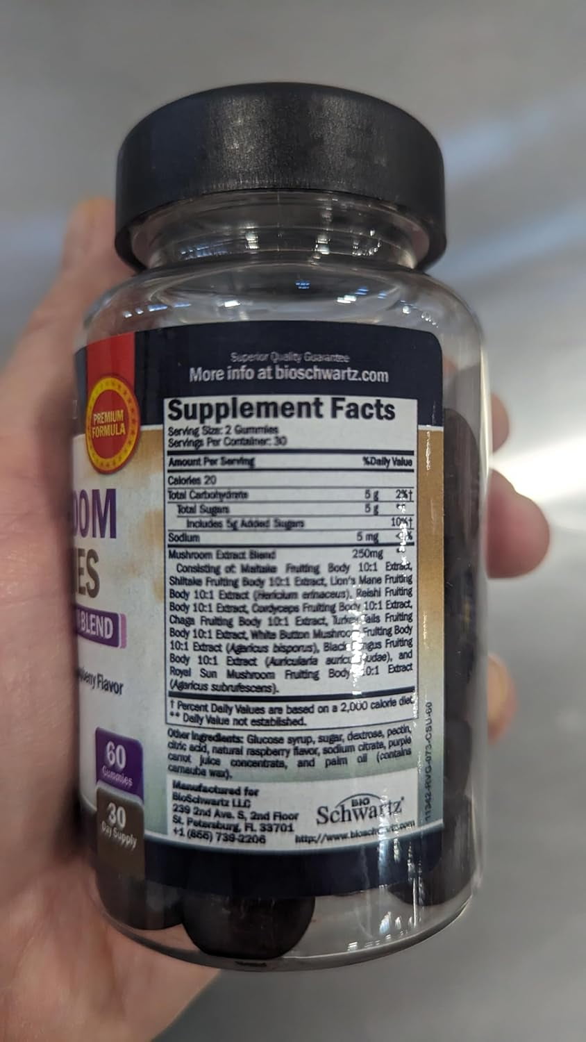 BioSchwartz 10-in-1 Mushroom Gummies, Herbal Supplement for Mood and Focus, Raspberry, 60 Count