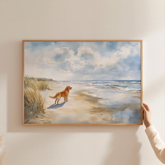 Coastal Dog Poster Print, Golden Retriever Beach Wall Art, Beach House Wall Decor, Golden Retriever Decor