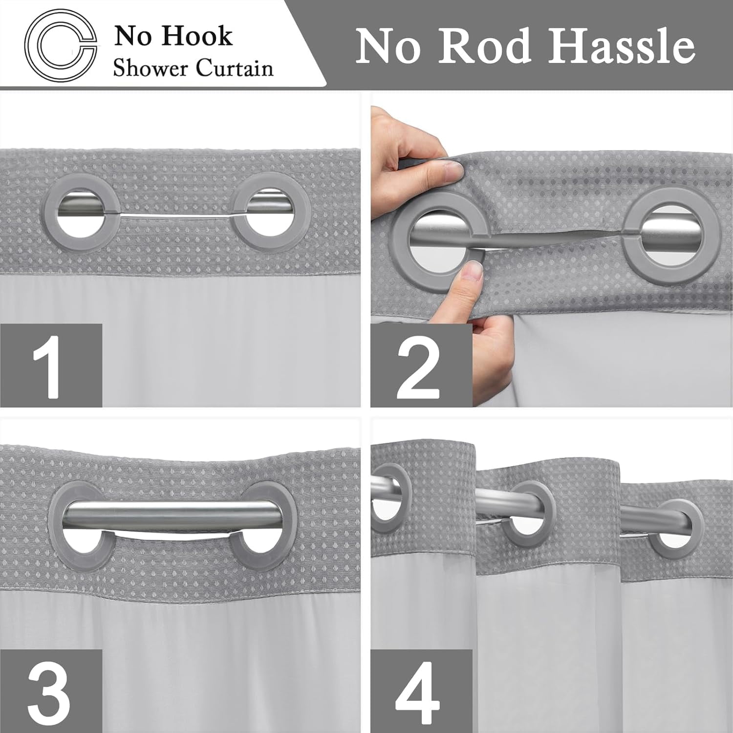 Psoiuetr Gray Waffle Shower Curtain No Hook with Snap-in Fabric Liner Hotel Shower Curtain with See Through Top Window 72" W x 75" L
