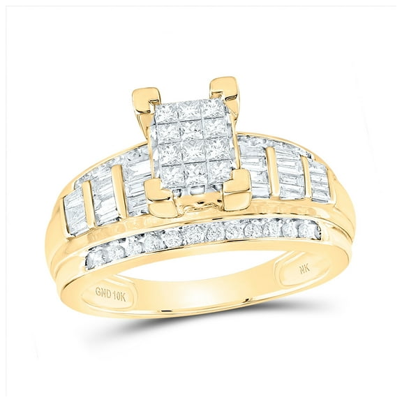 10K Yellow Gold Princess Diamond Cluster Bridal Wedding Engagement Ring 7/8ctw, Womens Size: 5-10
