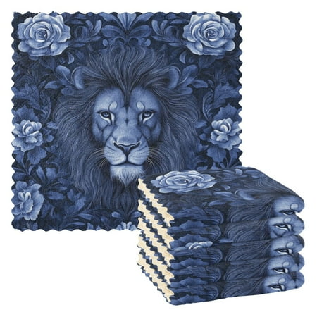 

6 Pieces of Kitchen Towels 11x11Inch Kitchen Dish Cloths Kitchen Dish Towels Reuseable Cleaning Cloths Blue Flower and Lion Pattern