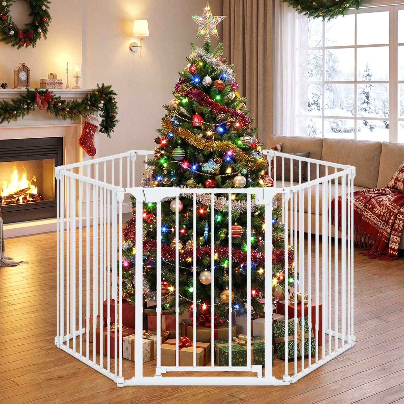 Gymax 6-Panel Adjustable Pet Safety Fence w/Auto-close Door & Double Locking System White