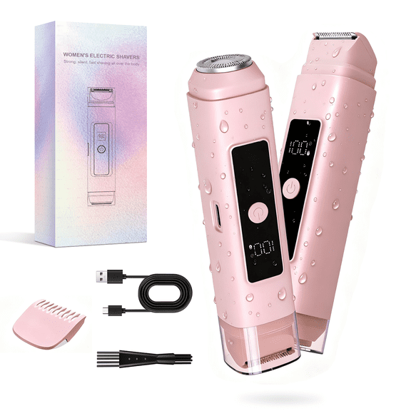 MAX-T 2-in-1 Bikini Trimmer for Women, IPX7 Waterproof Painless Women's Electric Shaver, Dual-Head Hair Removal for Pubic, Face, Underarms & Legs, Rechargeable Cordless Grooming Kit for Travel, Pink