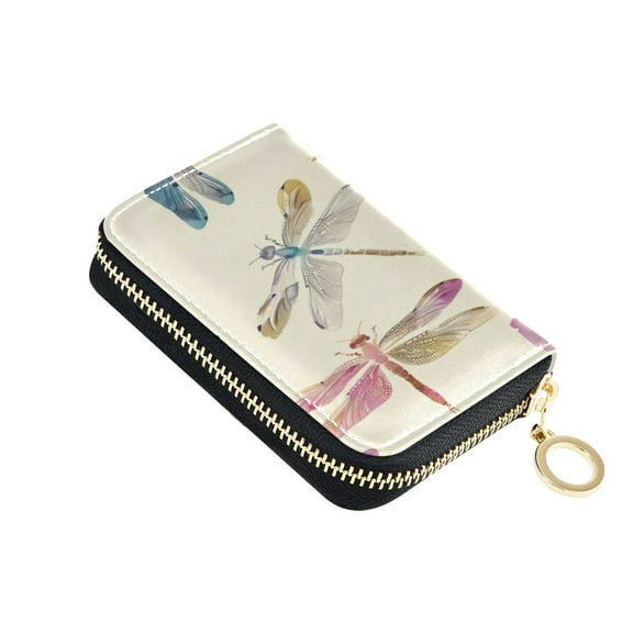 Leather Zipper Card Bag 4.7x3.1x0.8Inch Women's Card Bag Coin Purse Credit Card Bag Bank Card Bag Business Card Bag Coin Bag Colorful Dragonfly