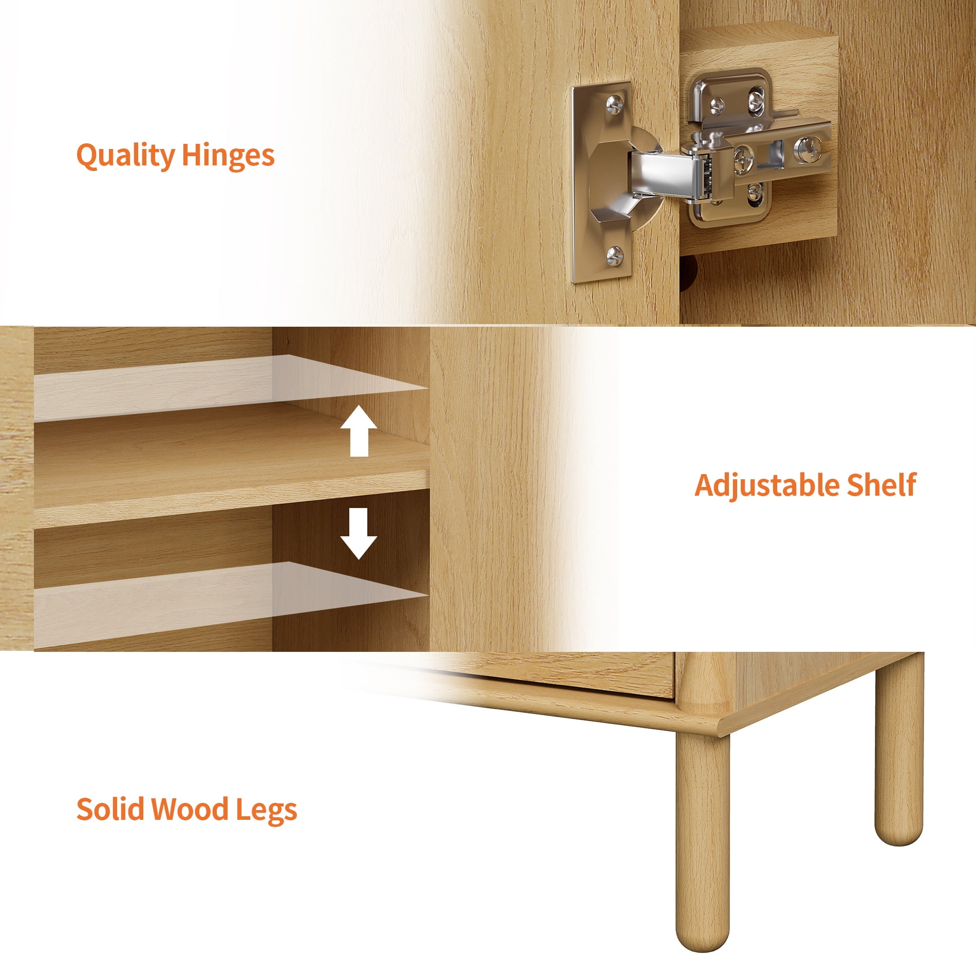 Modern TV Stand Console Table with Adjustable Shelf & Soft-Close Doors，Oak