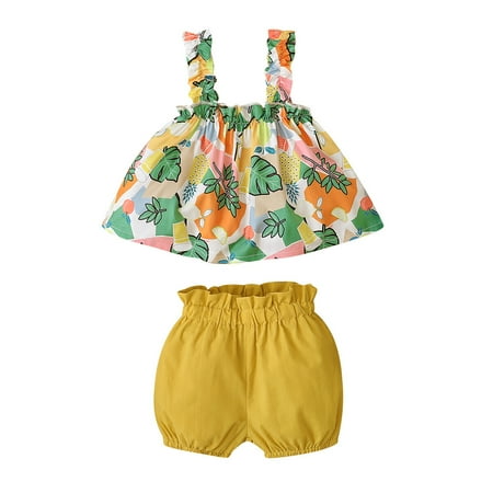 

2T Baby Girl Clothes Baby Girl Outfits Sleeveless Suspender Floral Tops Shorts Set 2-3T Baby Girl Summer Outfits Yellow
