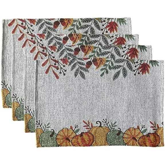 Set of 4, Harvest Tapestry Lot of Pumpkin with Fall Leaves Placemats Kitchen Dining Table Easy to Clean, Machine Washable Size: 13” x 19”.