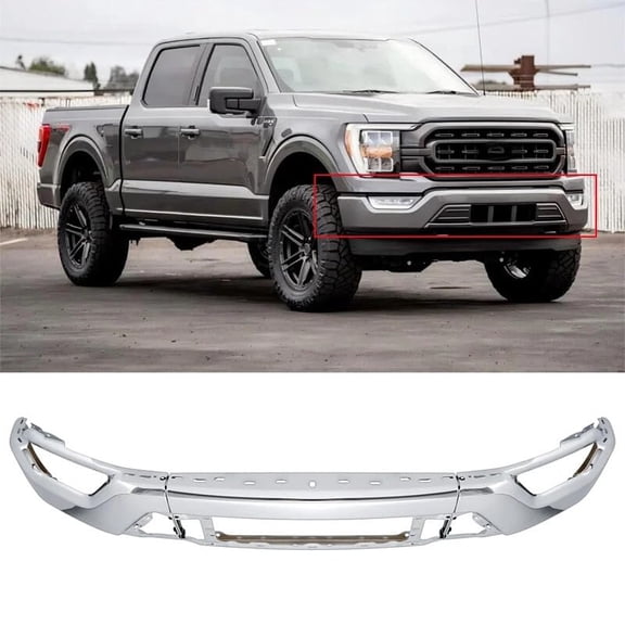 Suitable for 2021-2024 Ford F-150 Chrome Steel Front Bumper Assembly with Fog Light Holes - Durable Replacement Face Bar