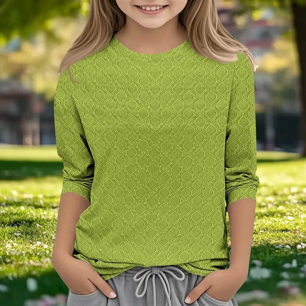 Blusa de poliéster para mujer, cuello redondo, manga 3/4, color liso, a la moda para niños