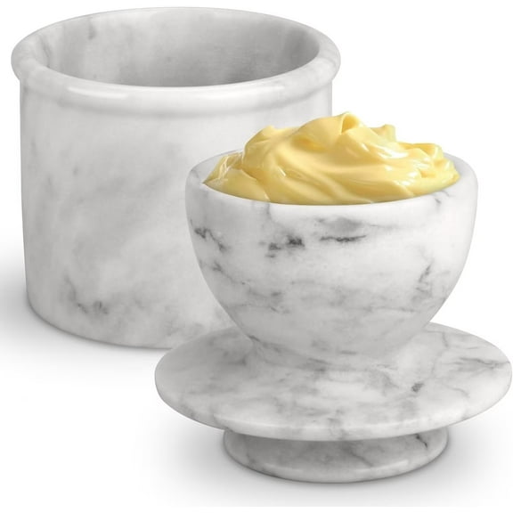 TABHOUKIT Butter Crock with Lid, Soft Spreadable Butter Keeper, Marble French Butter Dish, Home and Kitchen Decor for Countertop White Grey