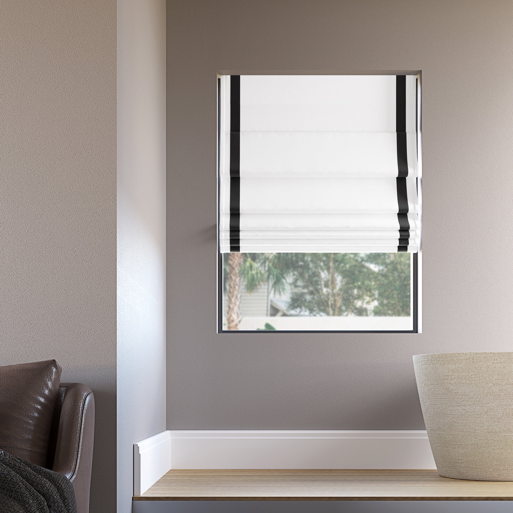 Sun Zero Olander Black Ribbon Border 100% Blackout Cordless Roman Shade, 31"W x 64"L, Black