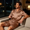 thumbnail image 6 of Mens Pajamas Set Silk Satin Sleepwear Short Sleeve Button Up Pjs Soft 2 Piece Lounge Set with Pocket Big and Tall Camel S, 6 of 7