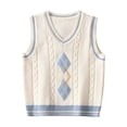 thumbnail image 2 of Freshbabe Children Argyle Top, V Neck Striped Hem Sleeveless Waistcoat, Off White, Graduation & Back To School Outfit, 2 of 9