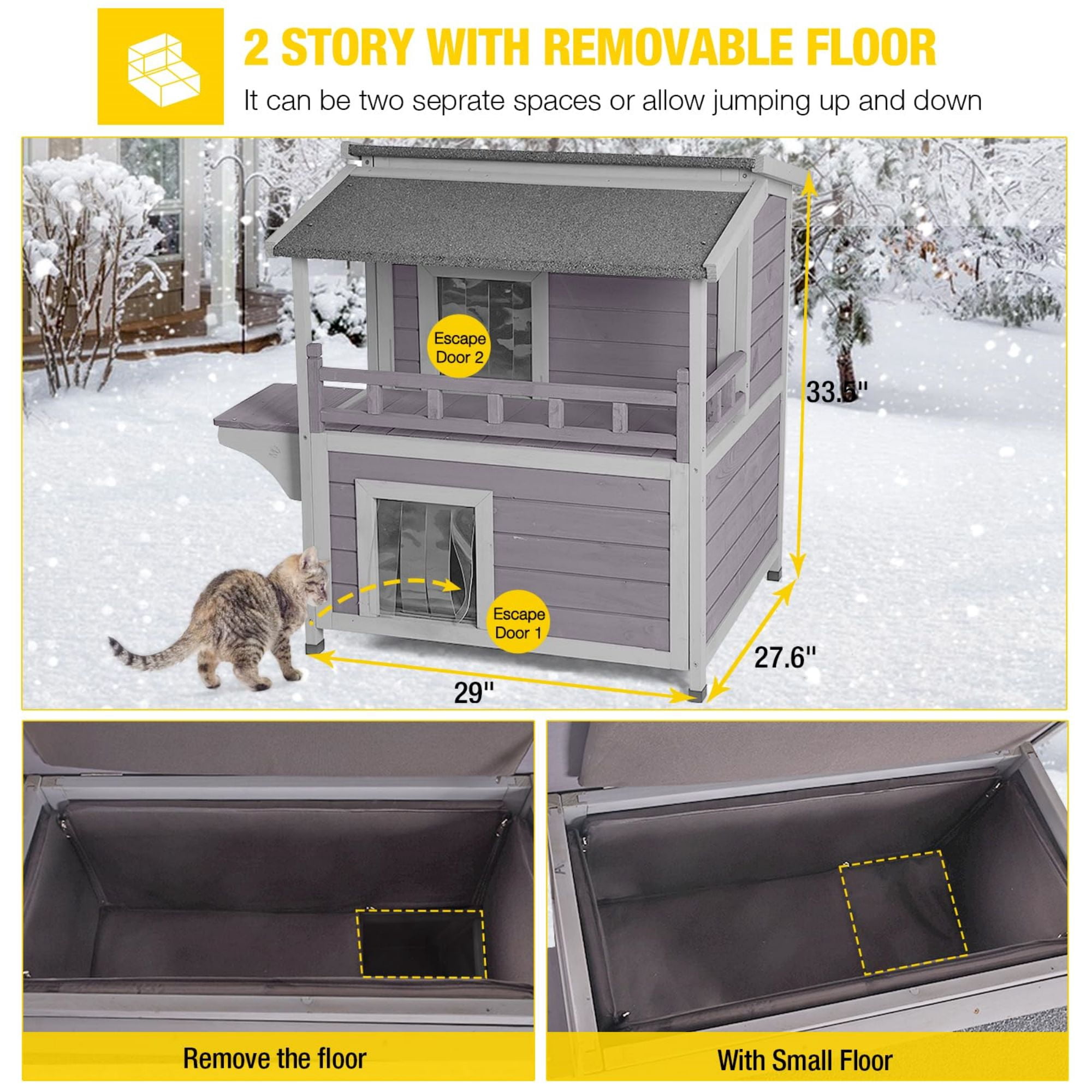 Aivituvin Insulated Outdoor Cat House with Insulated Liner, Winter Weatherproof Feral Cat Condo Shelter with Balcony, Gray