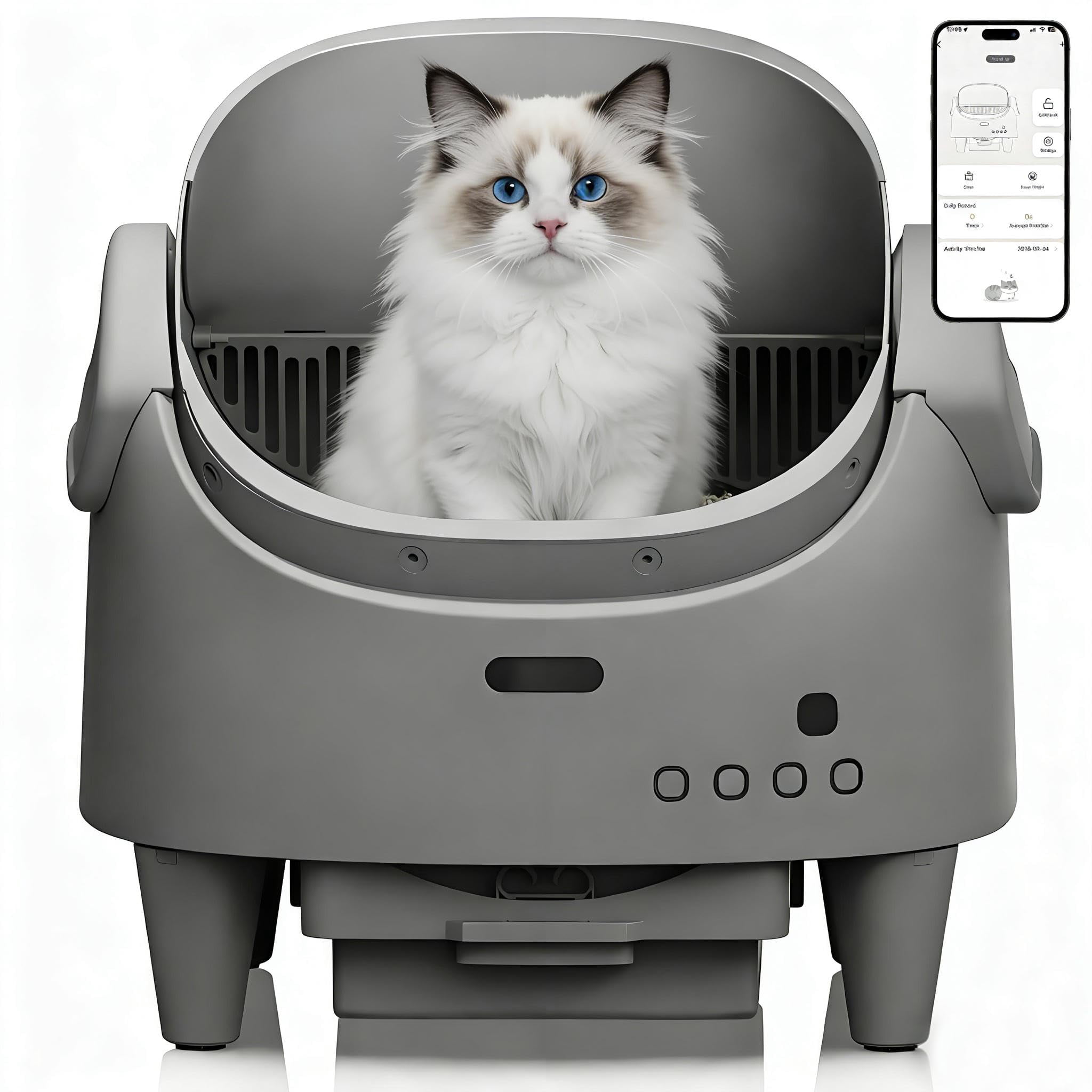 Automatic Self-Cleaning Cat Litter Box – Open Top, Multi-Cat App Control, Adjustable Entry Height, Advanced Multi-Detector Safety, Odor Control, Waste Bags Included
