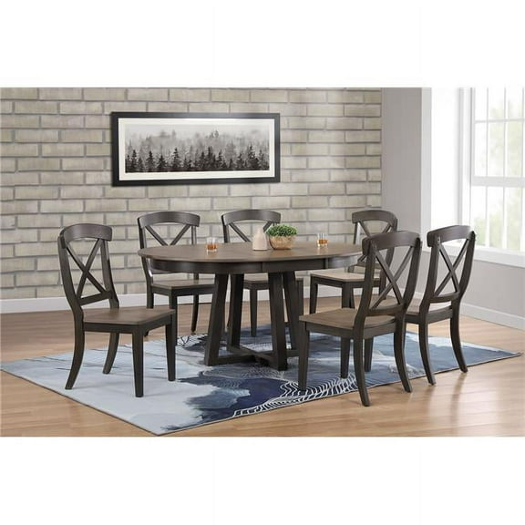 Iconic Furniture RD45-CRS-CH60-GRS-BKS-7PC 45 x 45 x 63 in. Antiqued Grey Stone Black Stone Transitional X-Back 7-Piece Cross Pedestal Dining Set