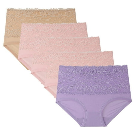 5 Pack Womens Cotton Thongs High-Cut Full Coverage Stretch Cool Underwear High Waisted No Show Panties Underpants Comfort Waist with Lace High Waist Briefs Seamless Thong Plus Size V-Waist Shorts